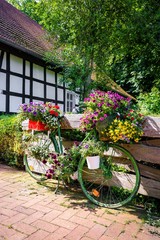 Fototapeta na wymiar Grünes Fahrrad mit blühenden Blumen dekoriert