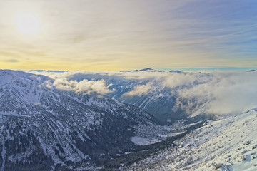 Fototapeta na wymiar Sunset in Kasprowy Wierch of Zakopane in Tatra Mounts in winter