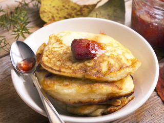 rural breakfast with pancakes and strawberry jam