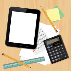 Office desk with business objects - tablet computer, calculator, paper sheets, ruler, pencils. Top view.