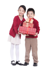 Happy boy and girl holding gift boxes