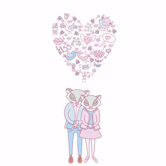 Valentine's Day doodles. Romantic hand drawn elements.Vector. Valentines day card. Cute raccoons.