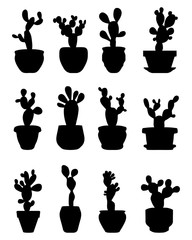 Black silhouettes of cactus at potted, vector