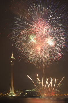 Macau Colorful Firework With Landmark Macau Tower
