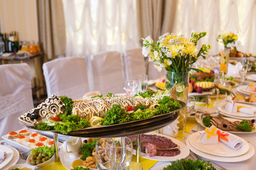 Pike and delicious food serving in restaurant