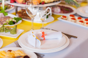 Tableware, white silk napkins and napkin