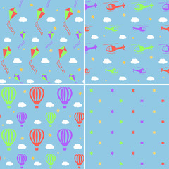 Vector seamless pattern set with helicopters, hot air balloons, kites and stars