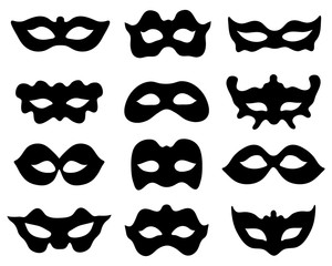 Black silhouette of festive masks in black on a white background