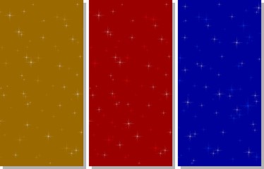 Three colorful background blue, gold and red with white, gold, red and glistening blue stars with shadow on a white background