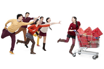 Excited young friends shopping in Chinese New Year