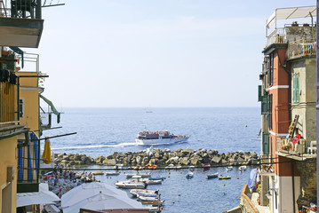 Vista de Riomaggiore, Cinque Terre, Región de Liguria, La Spezia, Italia