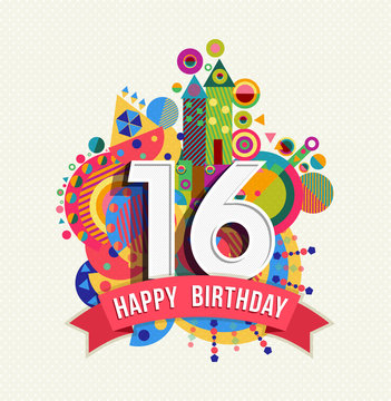Happy birthday 16 year greeting card poster color