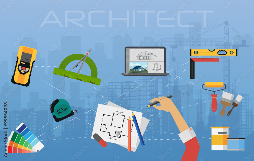 Poster architect construction planning and creating process. architectural project, technical concept top v