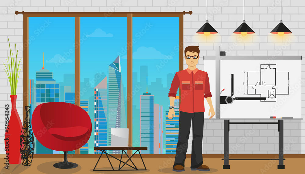 Poster Man architect working with Blueprint at Office or studio.