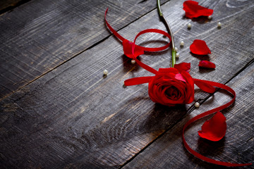 Beautiful red rose on a wooden table with a red ribbon, place fo