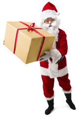 Santa Claus with heavy Christmas gift