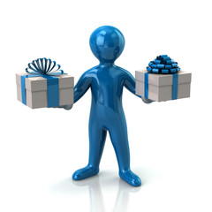 Cartoon blue man character holding two gifts boxes