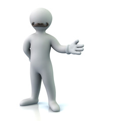 Man with mustache and arm out in a welcoming gesture