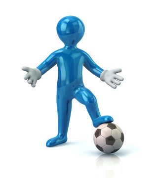 Blue cartoon character man standing on a soccer ball