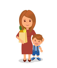 Mother and child shopping. Concept infographics proper nutrition
