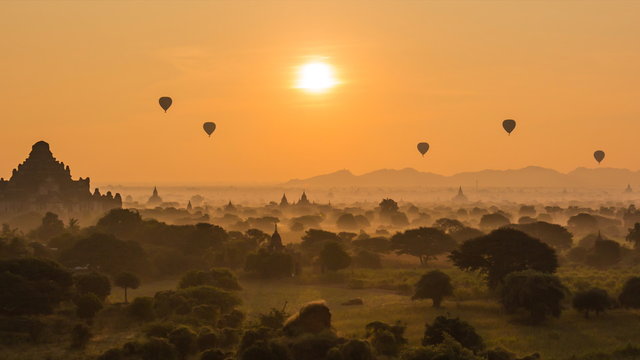 Ancient Empire Bagan Of Myanmar (Burma) And Balloons On Sunrise (zoom out)
