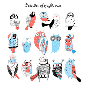 Collection of graphic owls
