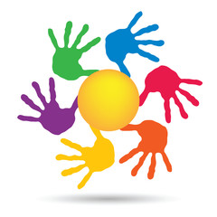Concept circle of hands, yellow sun symbol