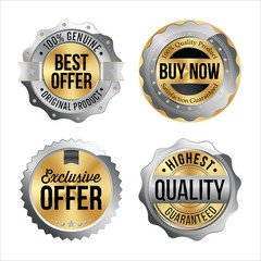 Silver and Gold Badges. Set of Four. Best Offer, Buy Now, Exclusive Offer, Highest Quality.