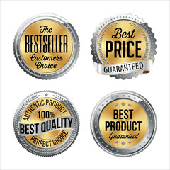 Silver and Gold Badges. Set of Four. Bestseller, Best Price, Best Quality, Best Product.