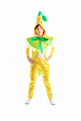boy in fresh lemon masquerade costume,yellow cap, green bow
