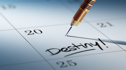 Concept image of a Calendar with a golden dart stick.. The words