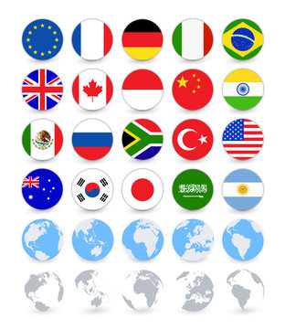 G20 country flags flat web buttons with globes