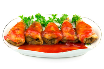 Cabbage roll with tomato sauce and parsley in plate, isolated on white background