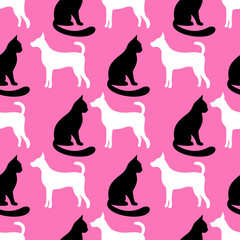 Animal seamless pattern of cat and dog silhouettes.