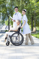 Doctor, nurse and wheelchair bound patient