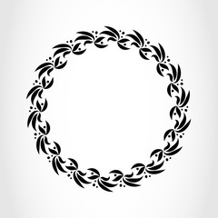 Laurel wreath circle tattoo icon. Black stylized ornament, leaves with berry sign on white. Victory, peace, glory symbol. Vector 