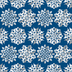 Origami snowflake seamless pattern. Christmas, New Year texture. Paper cut out white signs on blue background. Vector