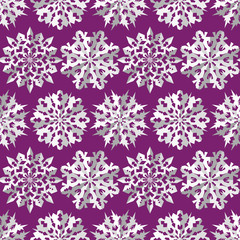 Origami snowflake seamless pattern. Christmas, New Year texture. Paper cut out white signs on lilac background. Vector