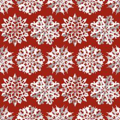 Origami snowflake seamless pattern. Christmas, New Year texture. Paper cut out white signs on dark red background. Vector