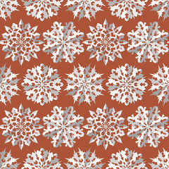 Origami snowflake seamless pattern. Christmas, New Year texture. Paper cut out white signs on orange background. Vector
