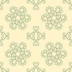 Seamless lace pattern. Vintage texture. Spiral swirl figures, floral snowflakes. Twist ornament of laurel leaves. Yellow, green colored background. Vector