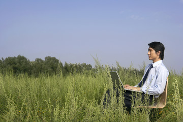 Businessman In A Field With A Computer
