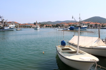 Fototapeta premium Fishing boats in port of Vela Luka, Korcula island, Croatia. 