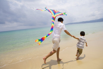 Father and son flying a kite at the beach