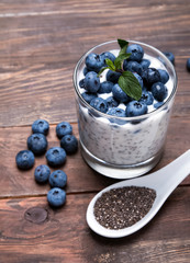 Pudding with chia seeds and blueberries.
