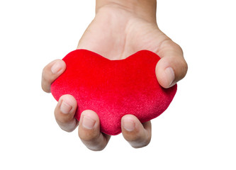 Red heart in man hands.