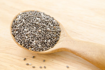 Chia seeds in wooden spoon.