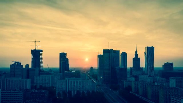 Warsaw Skyline Sunrise City Timelapse (wide angle), Polish Capital