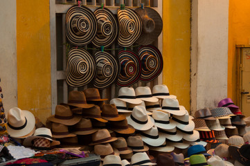 Many hats in a street shop 