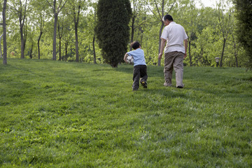 Grandfather And Grandson Walking In The Park With Soccer Ball